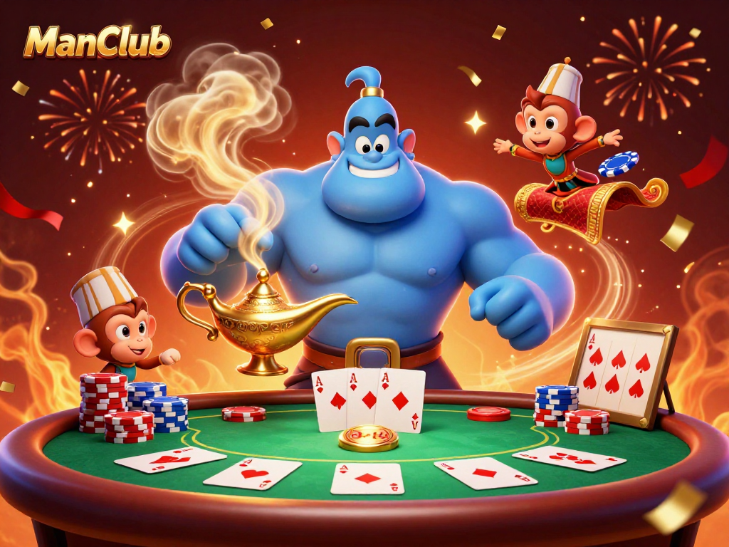 Experience excitement at ManClub with a vibrant 3D casino scene featuring poker elements.