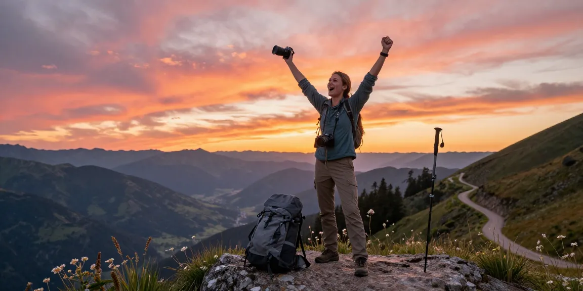Traveler celebrating sunset view in scenic mountains with rokok88 gear.
