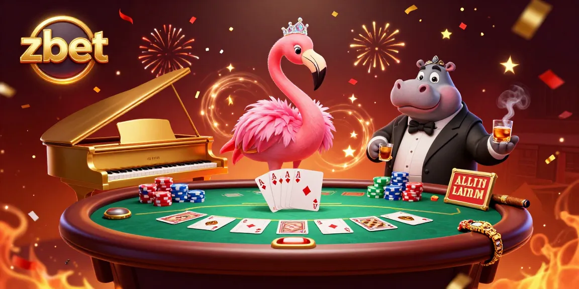 zbet showcases vibrant casino atmosphere with a flamingo singer and hippo bassist, highlighting poker elements.