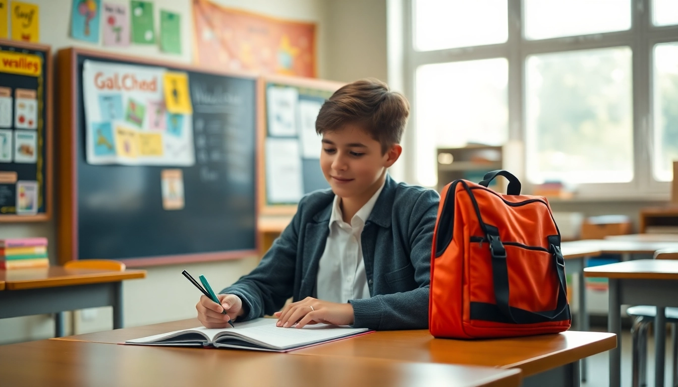 Handytasche Klassenzimmer auf einem Schreibtisch in einer lebhaften Klassenzimmerumgebung