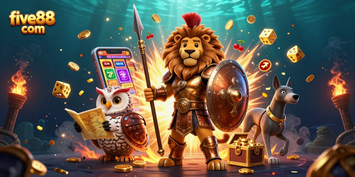 Win big with five88 com at a vibrant casino scene featuring a Spartan lion, tactical owl, and greyhound amidst explosive jackpots.