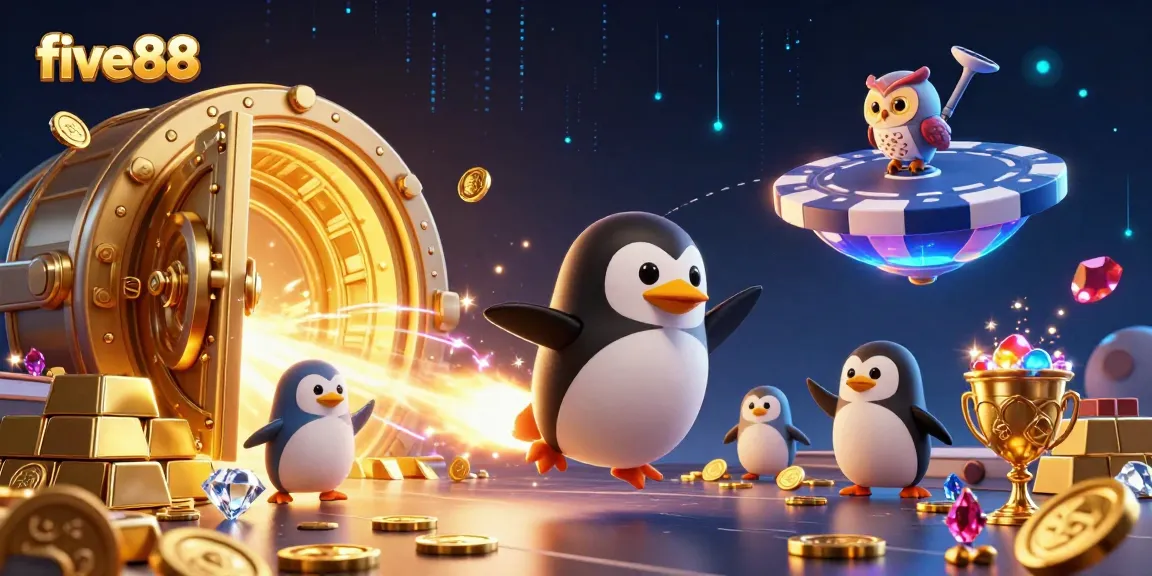 Experience five88's captivating casino universe with a golden penguin racing towards a poker chip space station.
