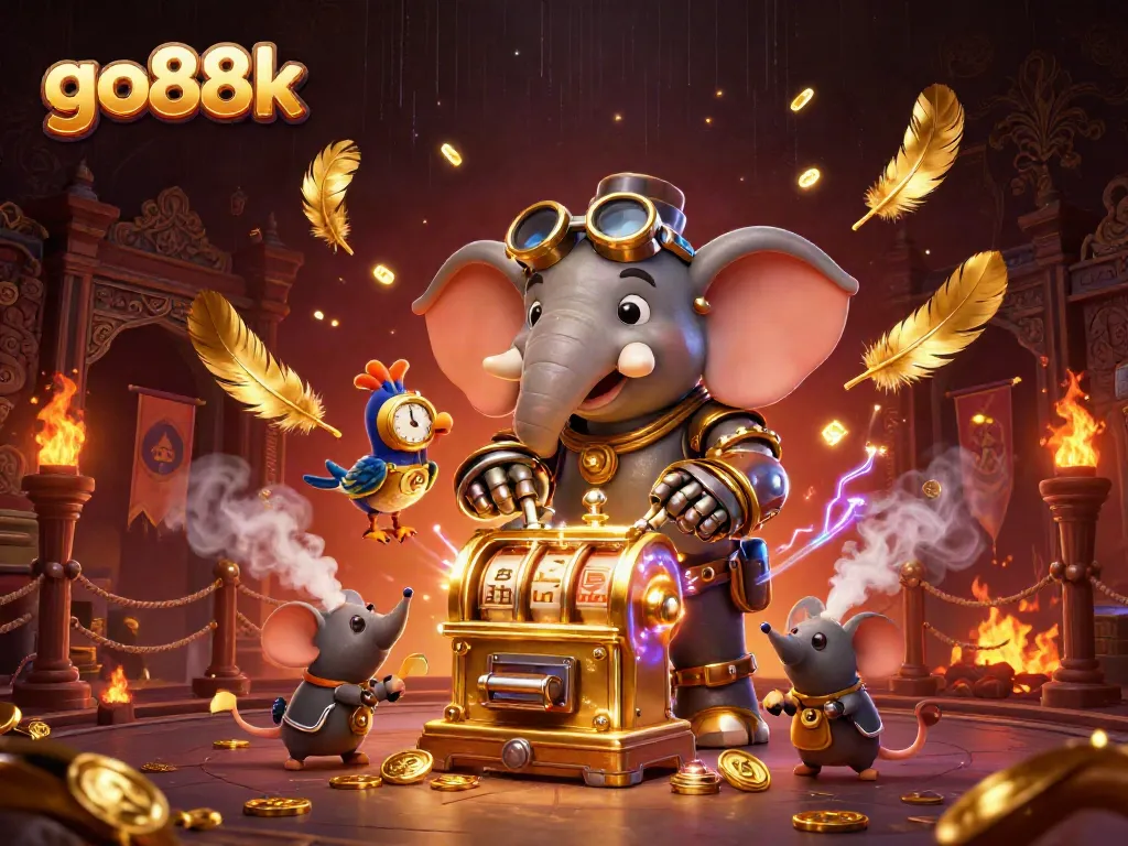 Engage with go88k's thrilling slot machines amidst a vibrant steampunk casino scene.
