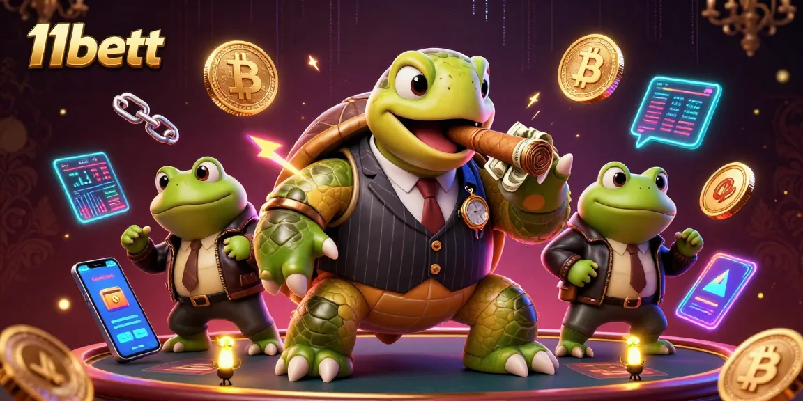 Experience thrilling gaming action with 11bett, featuring a mobster turtle and bullfrog enforcers amidst vibrant casino elements.