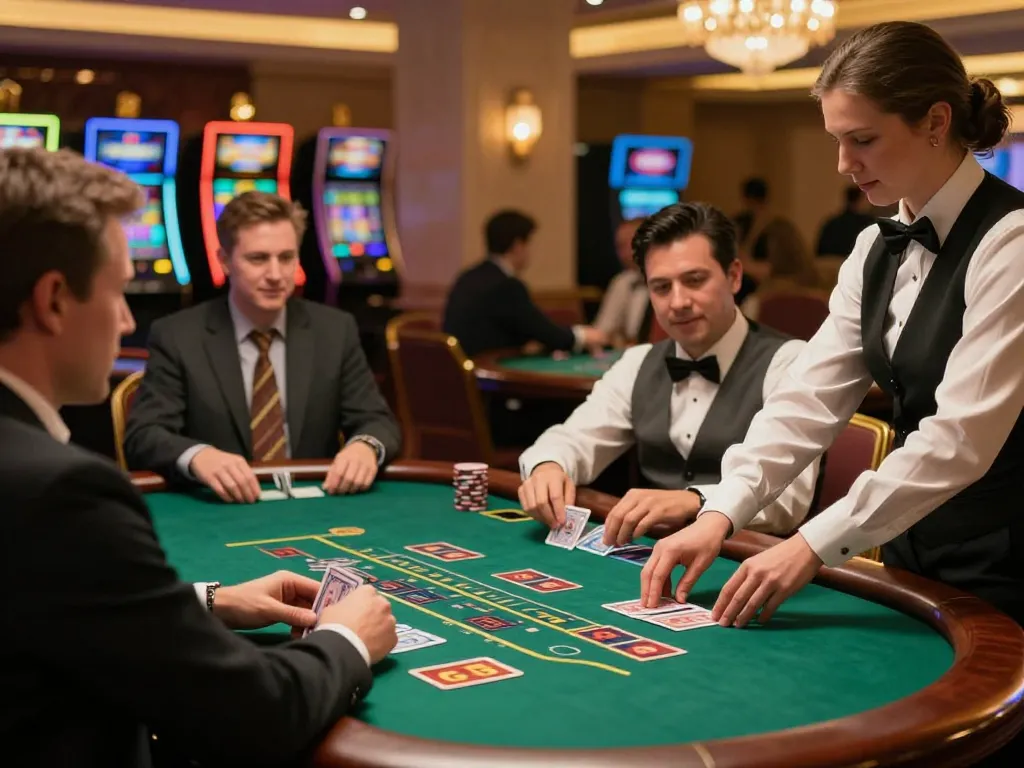 Players strategizing their bets at a SLOT777 blackjack table in an elegant casino setting.