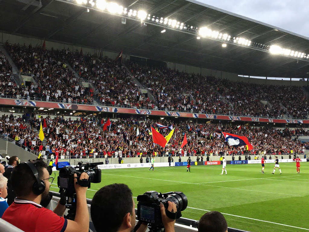 Live soccer match with passionate fans and players, highlighting CakhiaTV.