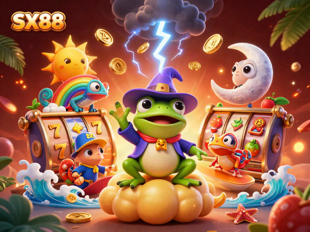 Experience the magic of SX88 with a golden storm of coins and vibrant casino elements.