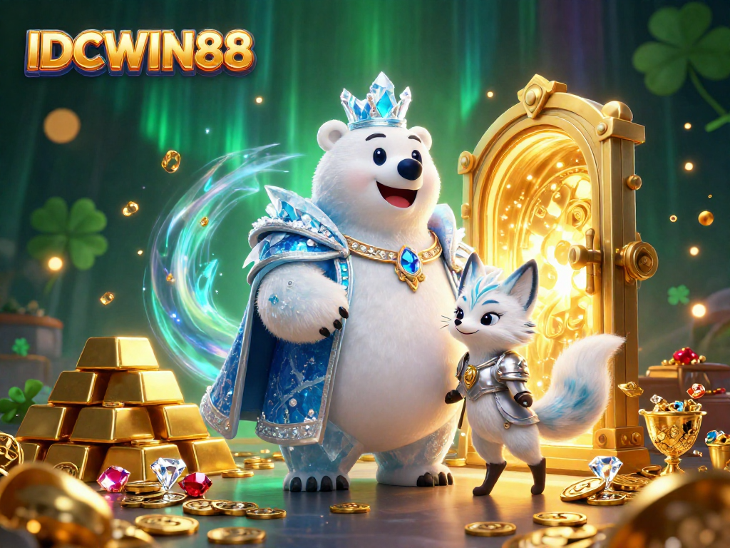 IDCWIN88 attracts players with a vibrant 3D casino scene showcasing treasure and winning potential.
