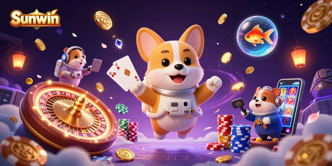 Sunwin’s exciting space casino scene with floating poker chips, a roulette wheel, and cartoon characters.
