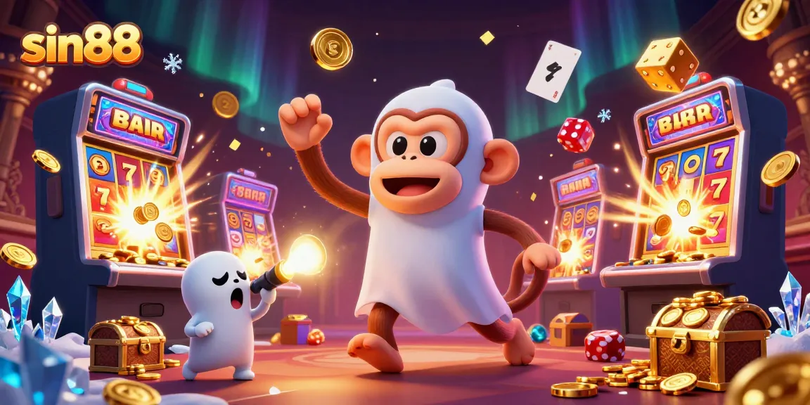 Engage in thrilling gameplay with sin88 as lucky symbols and golden treasures fill the haunted casino scene.