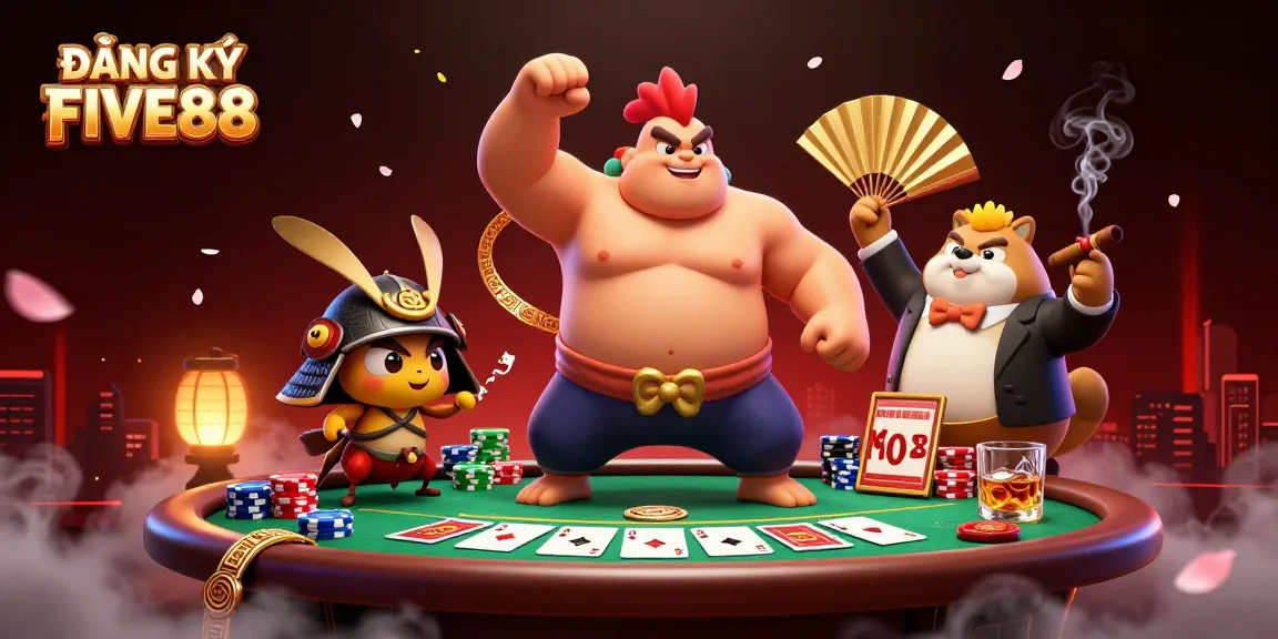 Experience the thrill of ĐĂNG KÝ FIVE88 with this 3D scene of a sumo rooster and samurai cricket at a vibrant poker table.