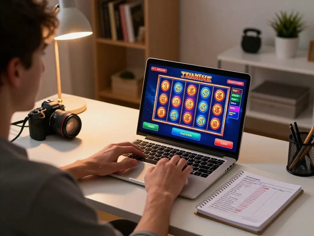 Engaging in online casino gameplay at c168, showcasing colorful slots on laptop screen.