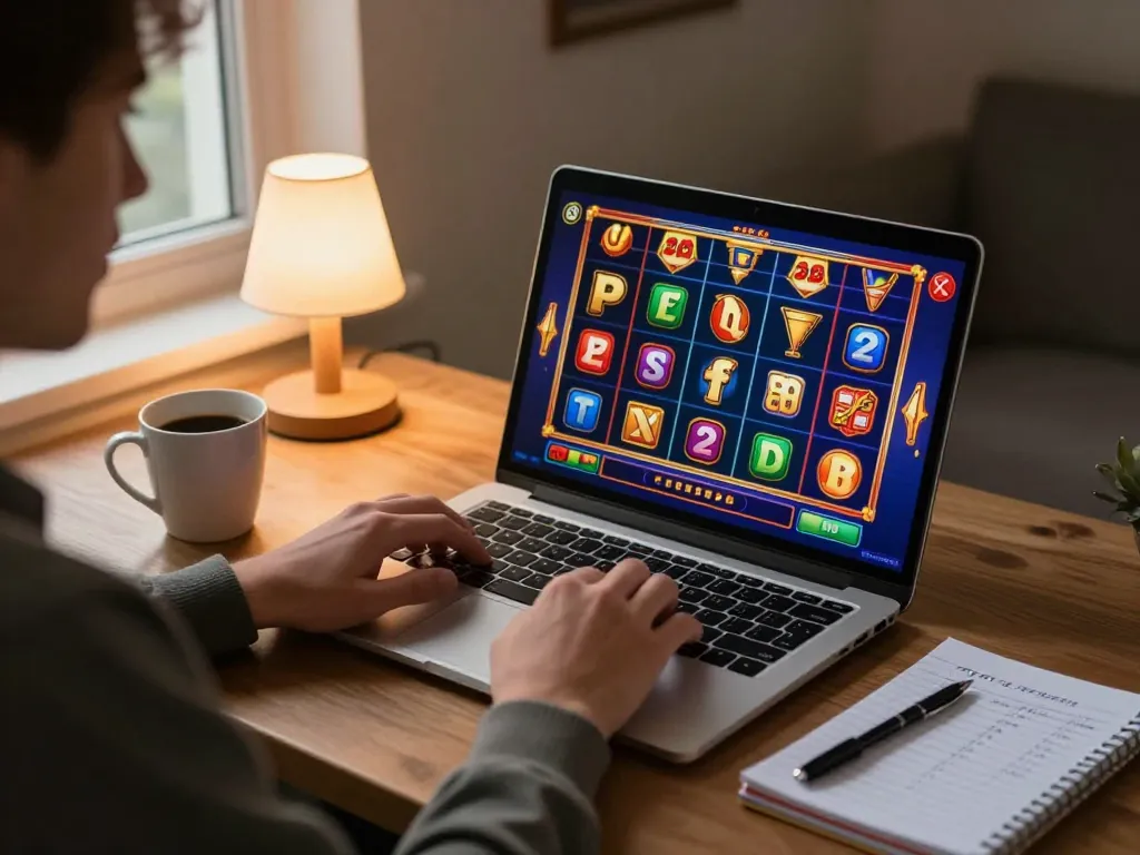 Engaging in slot gaming strategy at home with vibrant gameplay and cozy atmosphere.