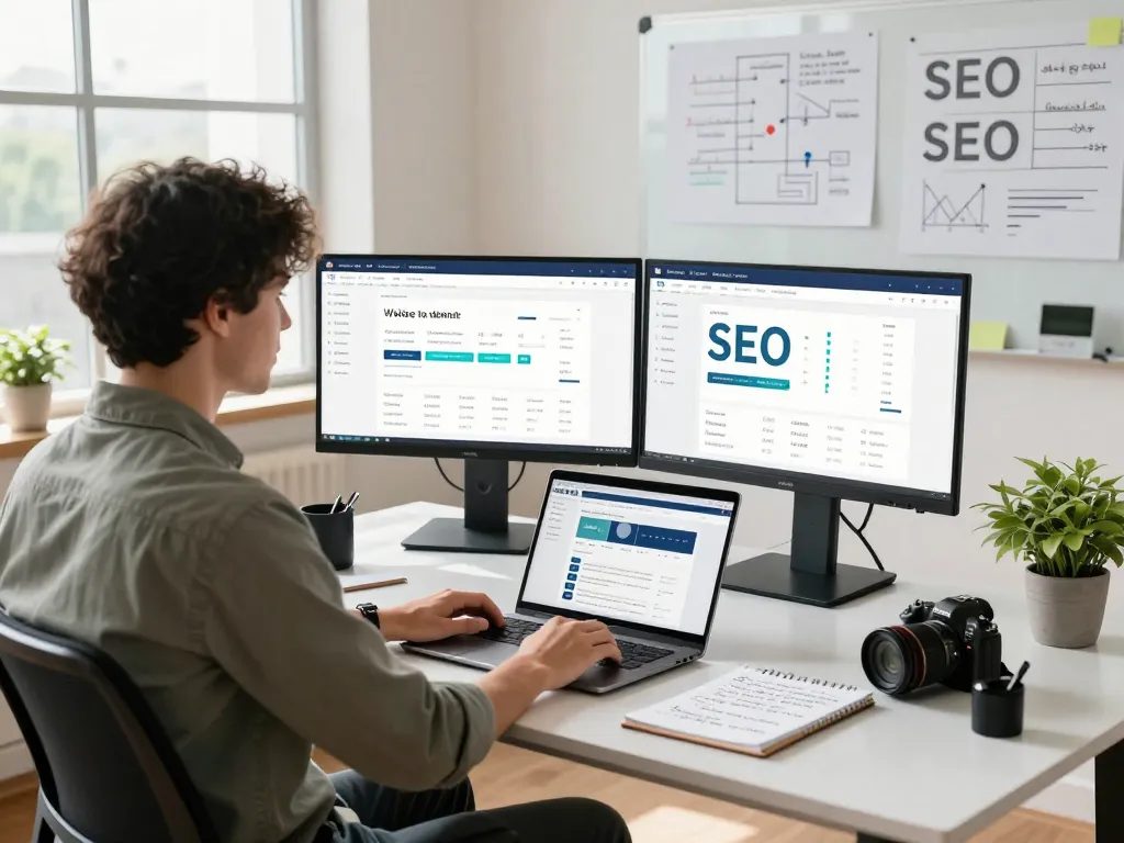 Digital marketer utilizing group buy SEO tools in a modern workspace, optimizing website performance with analytical data.