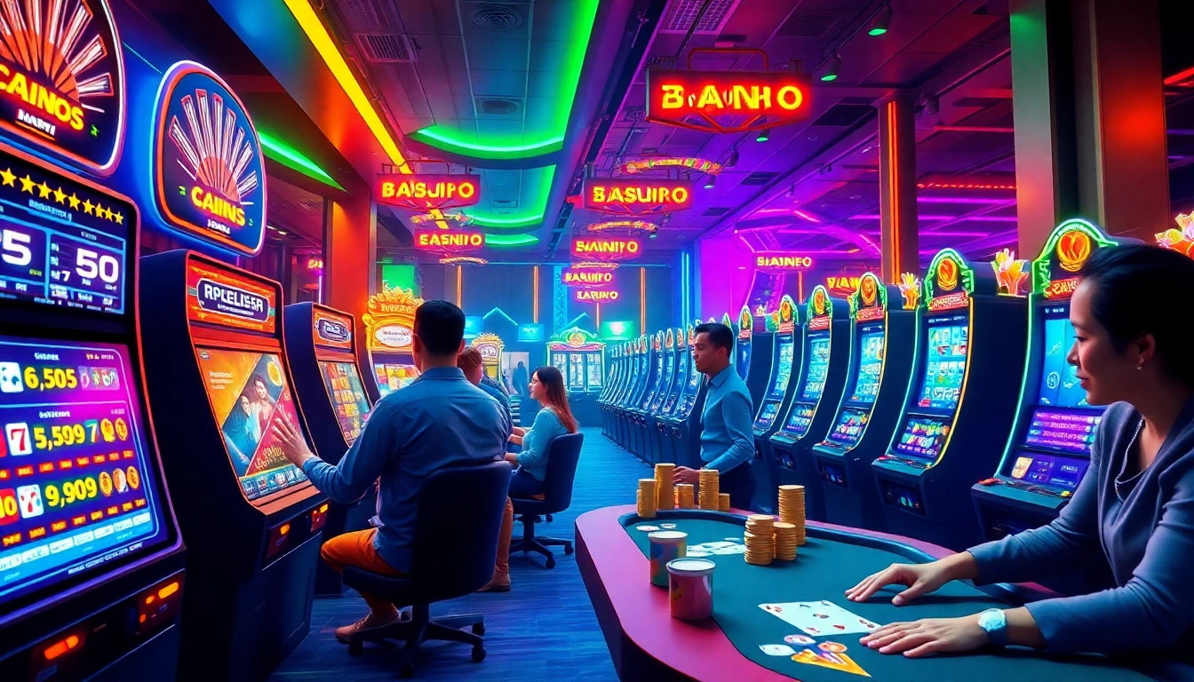 Exciting online gaming scene at NOHU90 with players enjoying slots and poker.