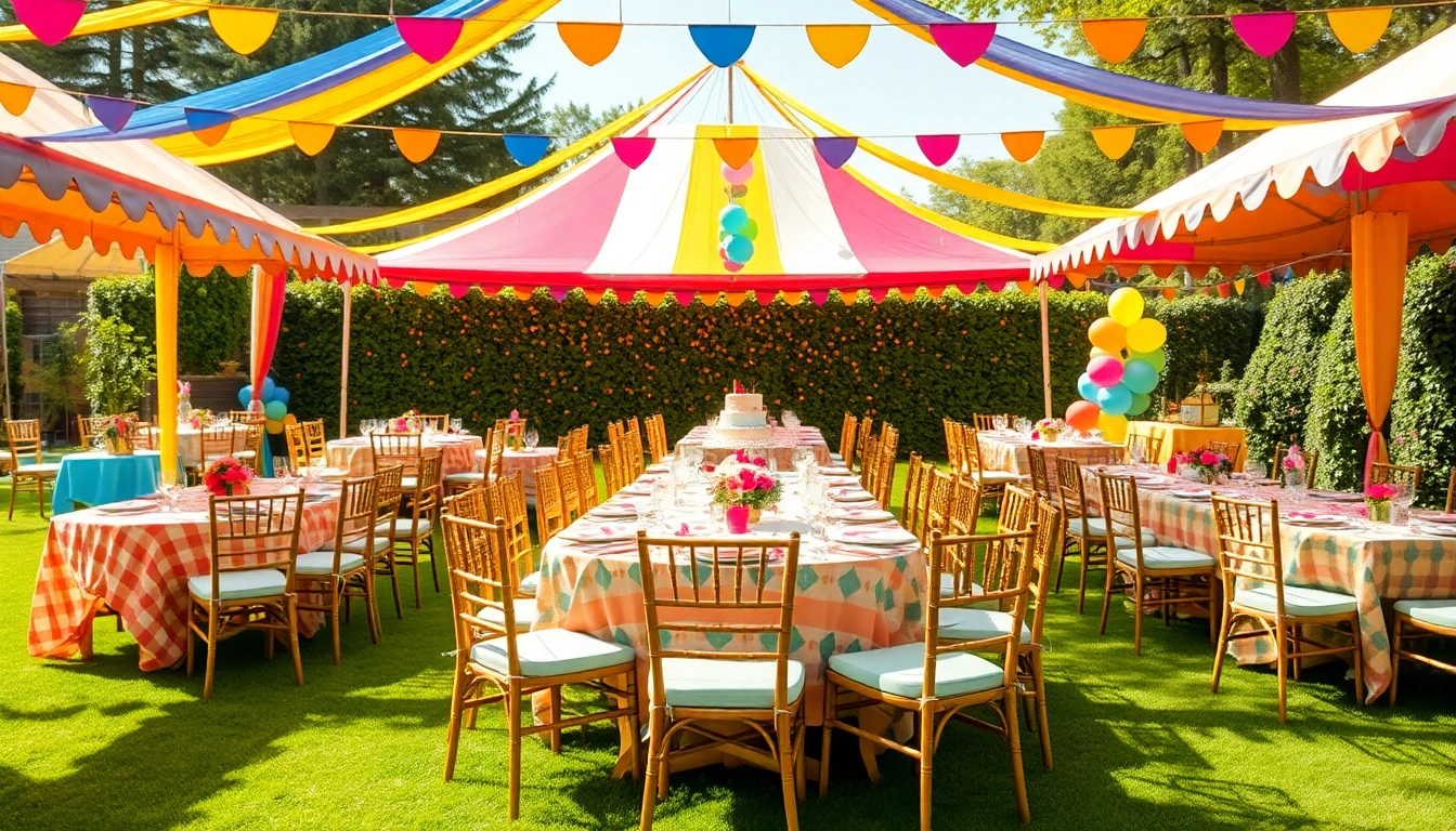 Set up for Outdoor Party Rentals showcasing colorful tents and lively decorations in a garden.