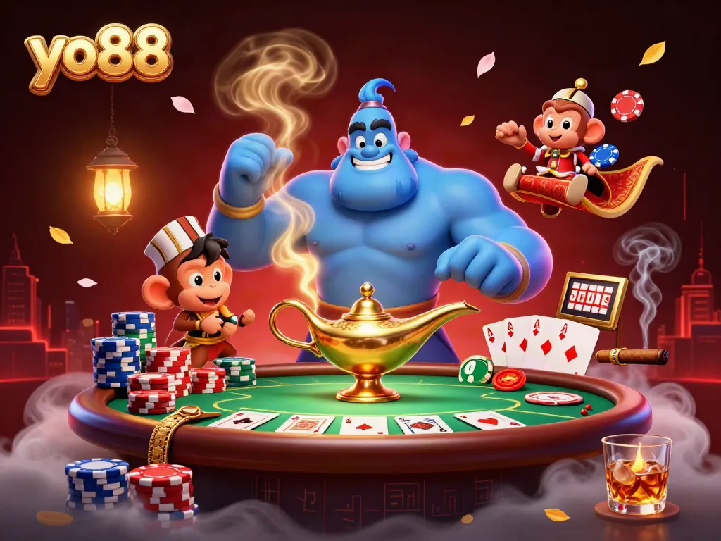 Experience the thrill of yo88 with a dynamic casino scene featuring a genie and poker elements.