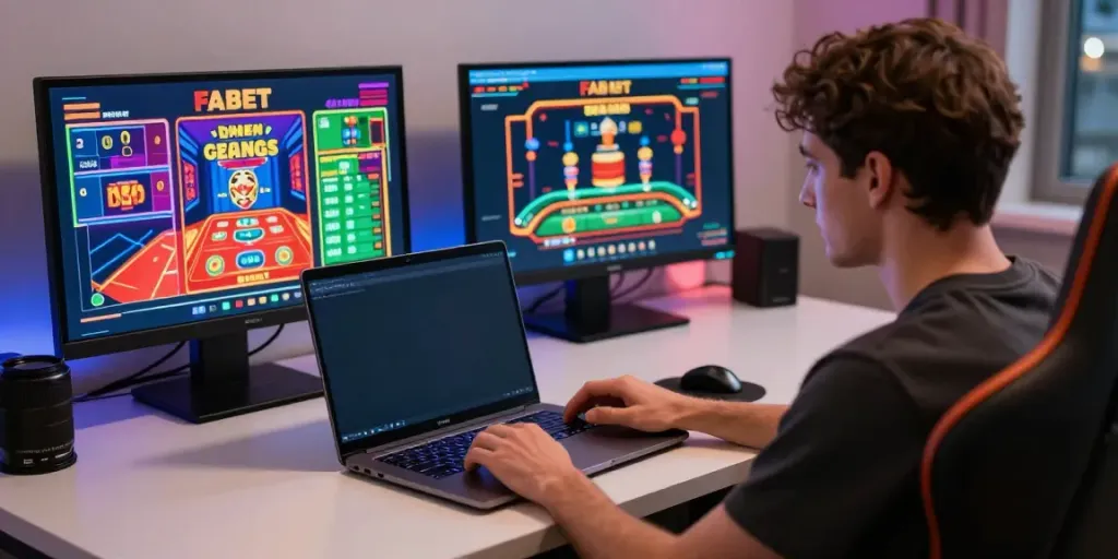 Exciting online gambling scene at FABET showcasing vibrant games and a player engaged in betting.