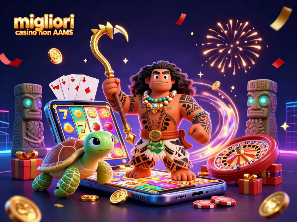 Gioca nei migliori casino non AAMS con slot e premi in oro, in un'illustrazione vivace