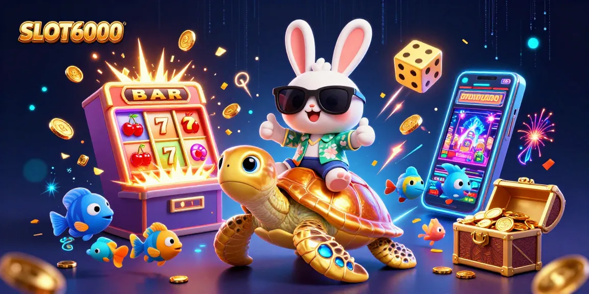SLOT6000 offers exciting gameplay with a lucky rabbit and golden turtle amidst a jackpot explosion