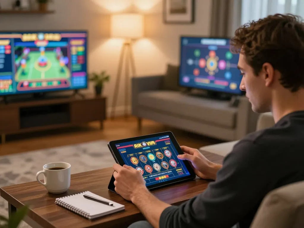 Engaging with the rik vip platform on a tablet in a cozy home gaming atmosphere