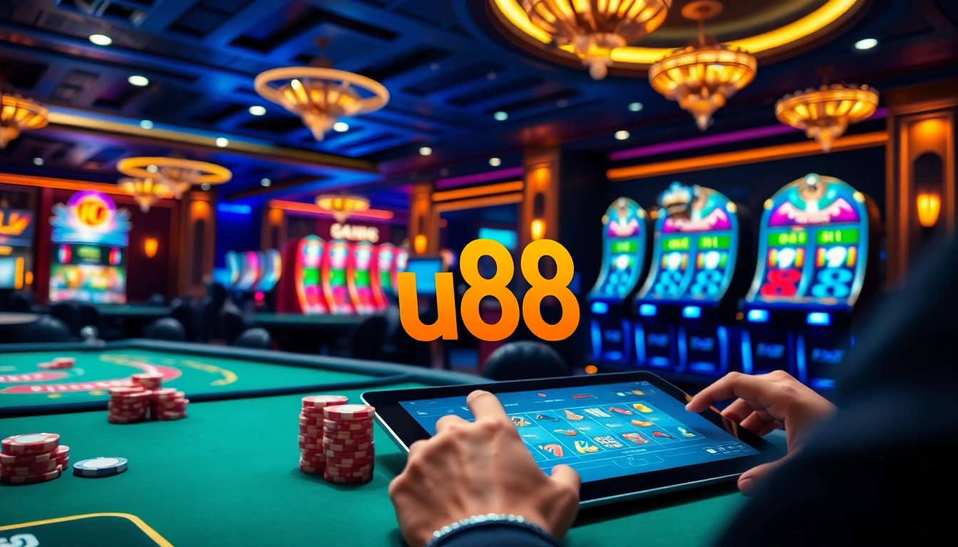 Experience high-stakes action at u88 with vibrant casino visuals featuring iconic gaming elements.