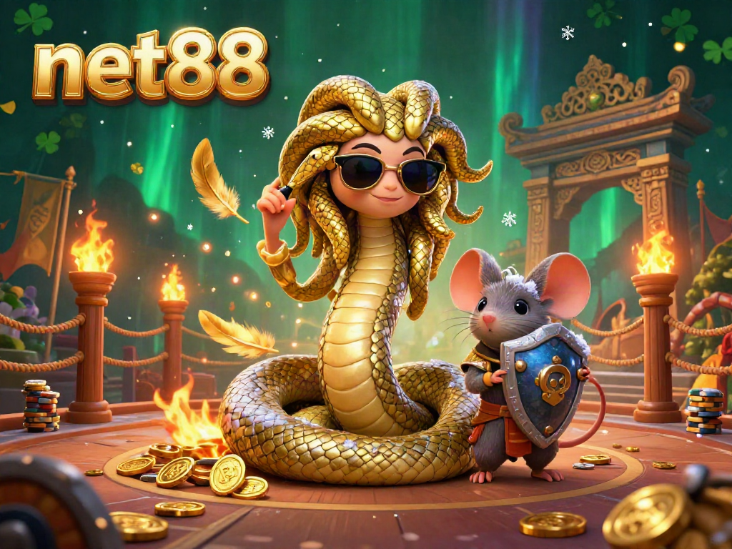Experience thrilling bets at net88 with Medusa and a warrior mouse in a vibrant, detailed casino scene.