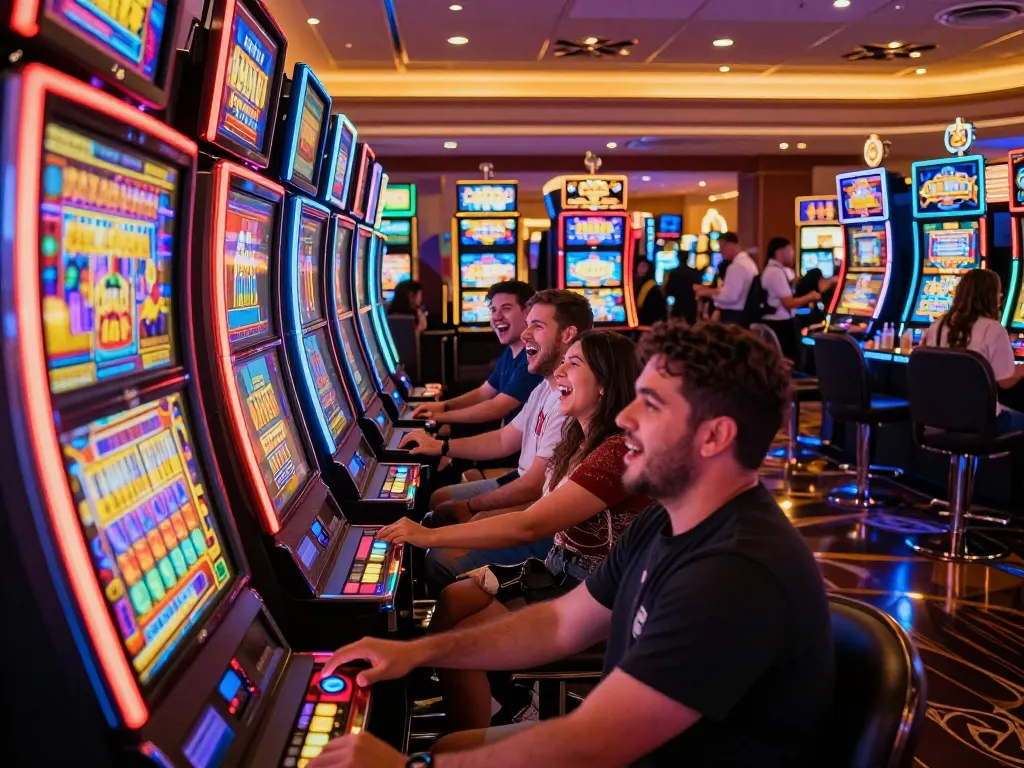 Players spinning colorful sc88 slot machines in a lively Las Vegas casino, conveying excitement and anticipation.