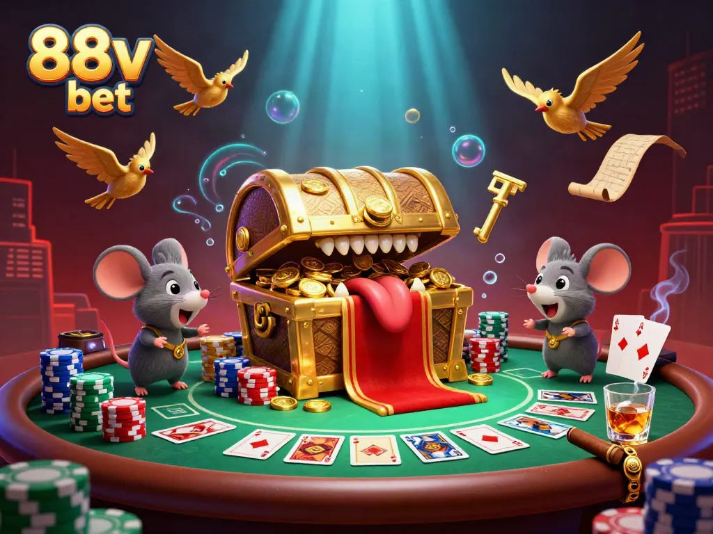 Engage in gaming adventures with 88v bet, featuring a treasure chest and cards in a vibrant casino scene.