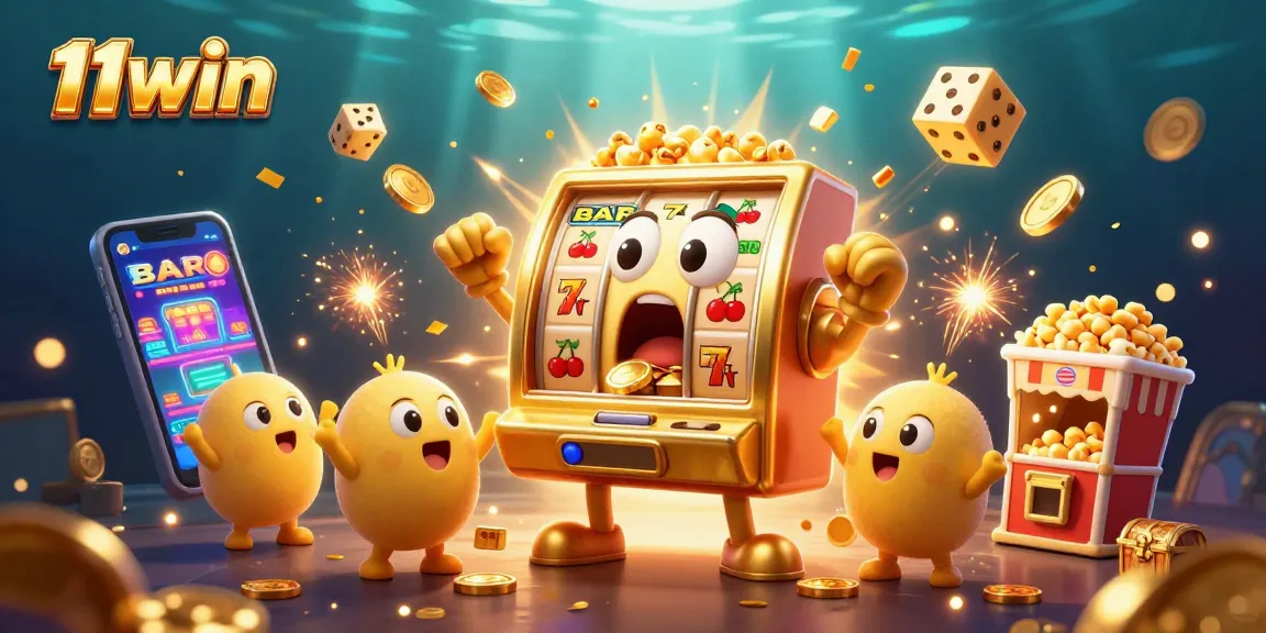 11win gaming scene with a golden slot machine hitting a jackpot, surrounded by vibrant casino elements.
