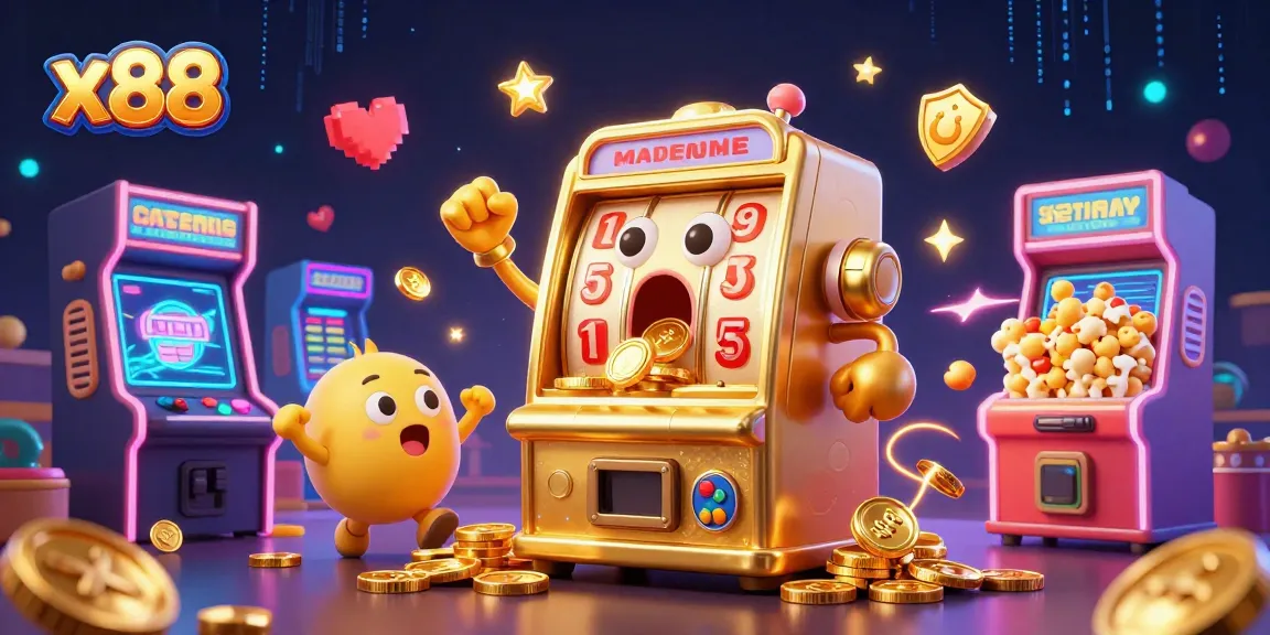 x88 slot machine celebrates hitting a jackpot while surrounded by cheering baby slot machines and colorful arcade games.