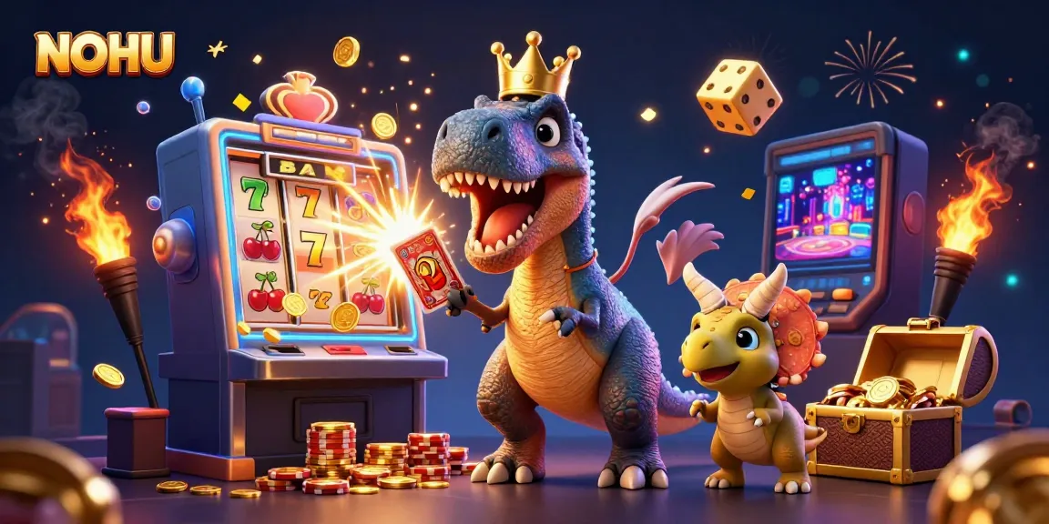 NOHU showcases a vibrant cartoon T-Rex and friends engaged in a thrilling casino scene filled with slots-themed excitement.