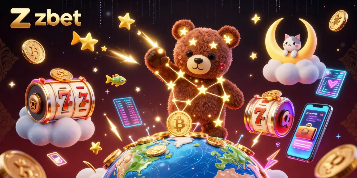 Engage with zbet as a constellation bear and lunar cat shine over vibrant slot reels and coins.
