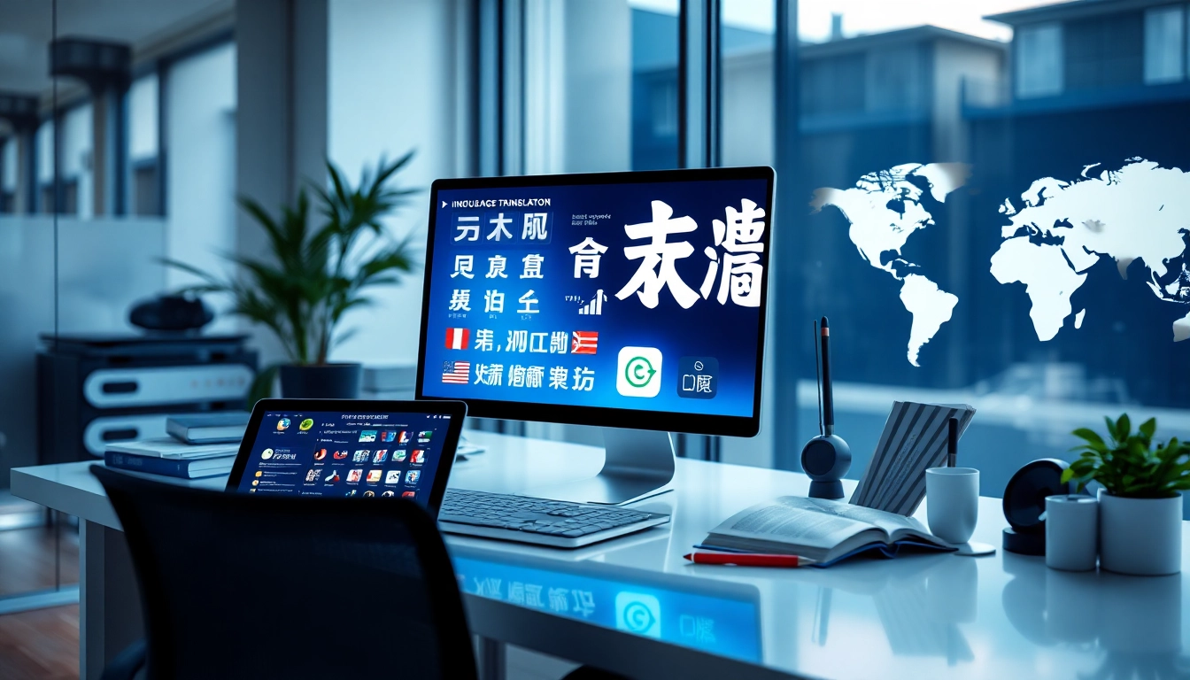 Dynamic workspace showcasing 有道翻译 technology with multiple languages and modern translation tools.