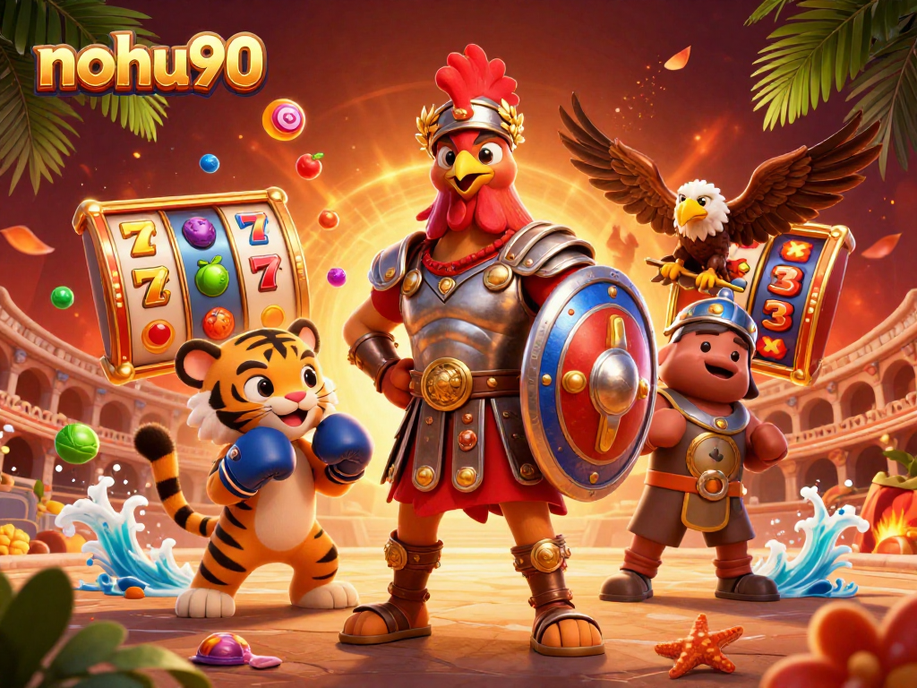 Nail big wins at nohu90 with exciting slots, featuring a dynamic scene with characters and game elements.