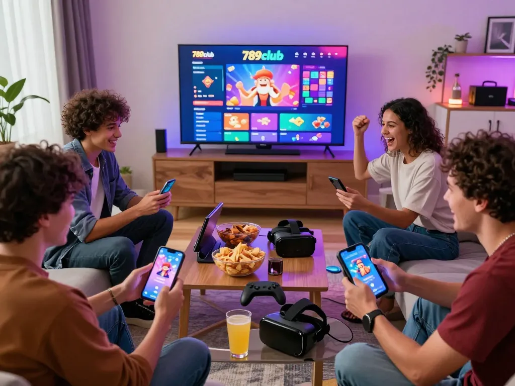 Friends enjoying a lively gaming session on 789club, surrounded by snacks and devices in a colorful living room.
