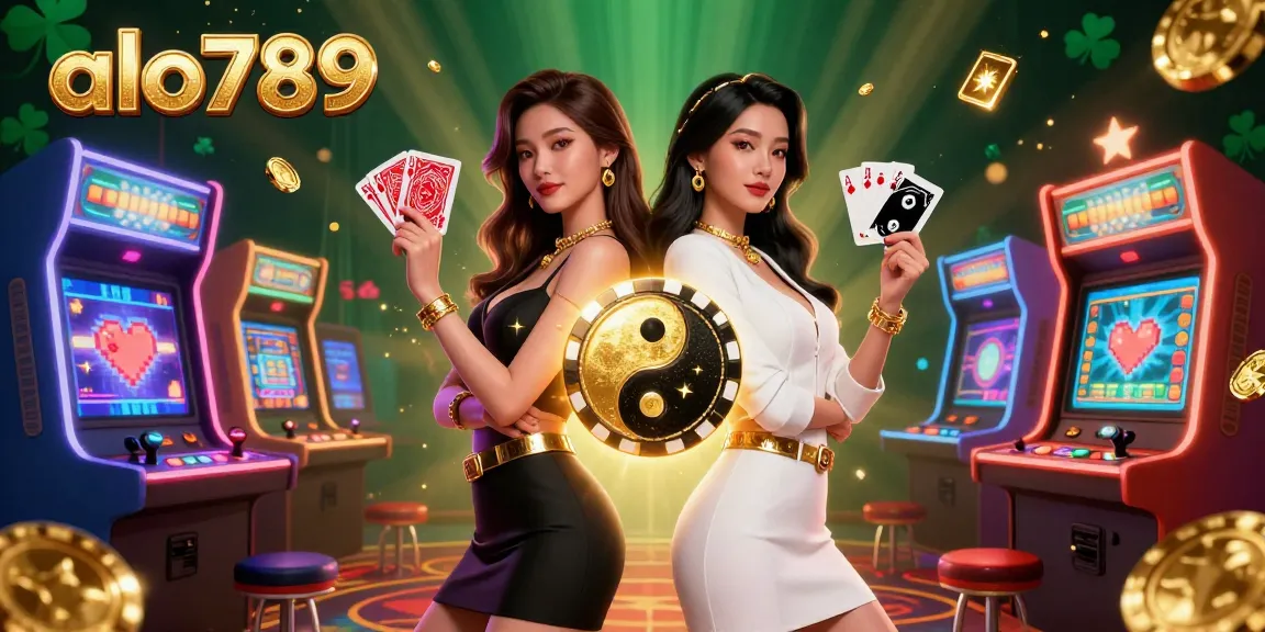 Enhance your game with alo789, featuring dynamic twin Asian women battling with playing cards, surrounded by vibrant casino elements.