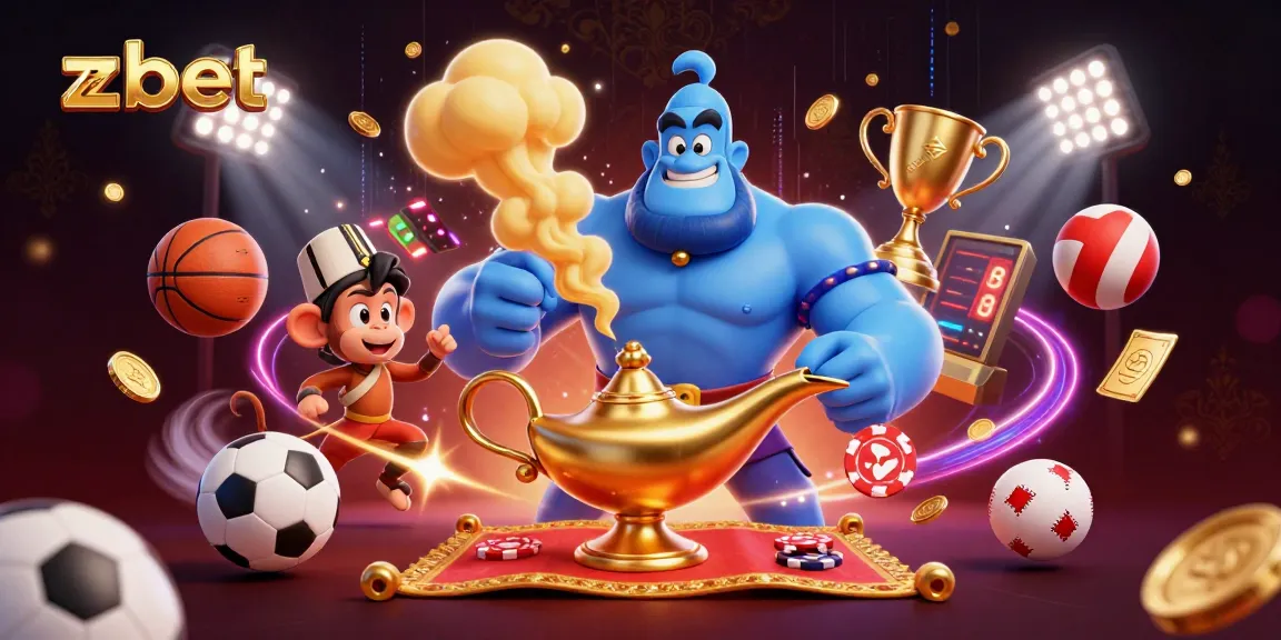 Experience zbet with this lively 3D scene showcasing a genie, monkey, and dynamic sports elements.
