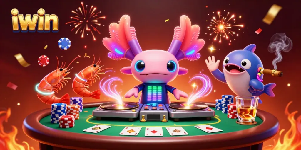 Experience exhilarating gaming with iwin's vibrant casino scene featuring neon characters and poker action.