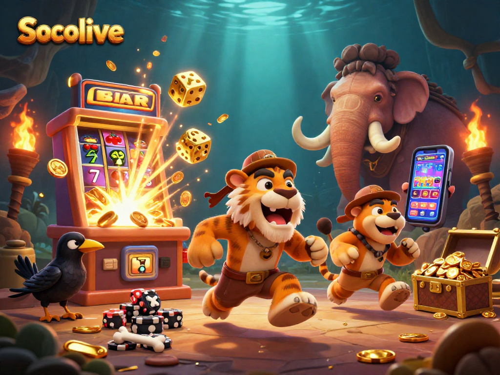 Socolive brings an exciting prehistoric casino scene to life with vibrant characters and dynamic gaming action.