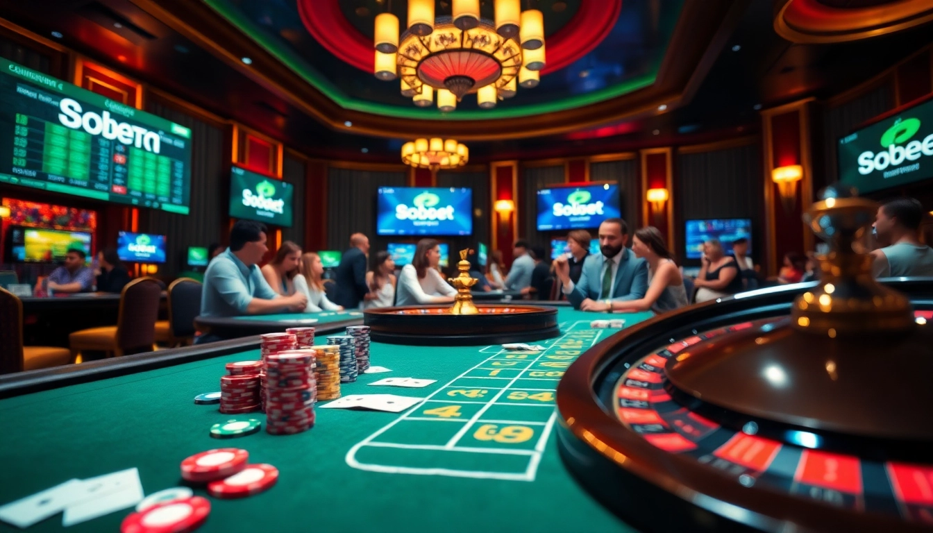 Engaging casino scene showcasing sbobet link alternatif with players at a roulette table and digital betting interface.