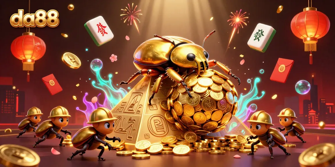 Experience the da88 adventure with a golden beetle rolling coins at a vibrant casino