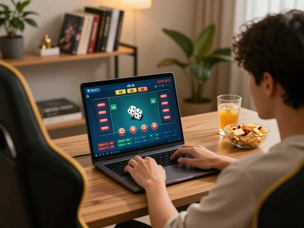 Engaging home scene with person using app tài xỉu for online gaming strategy during cozy evening.