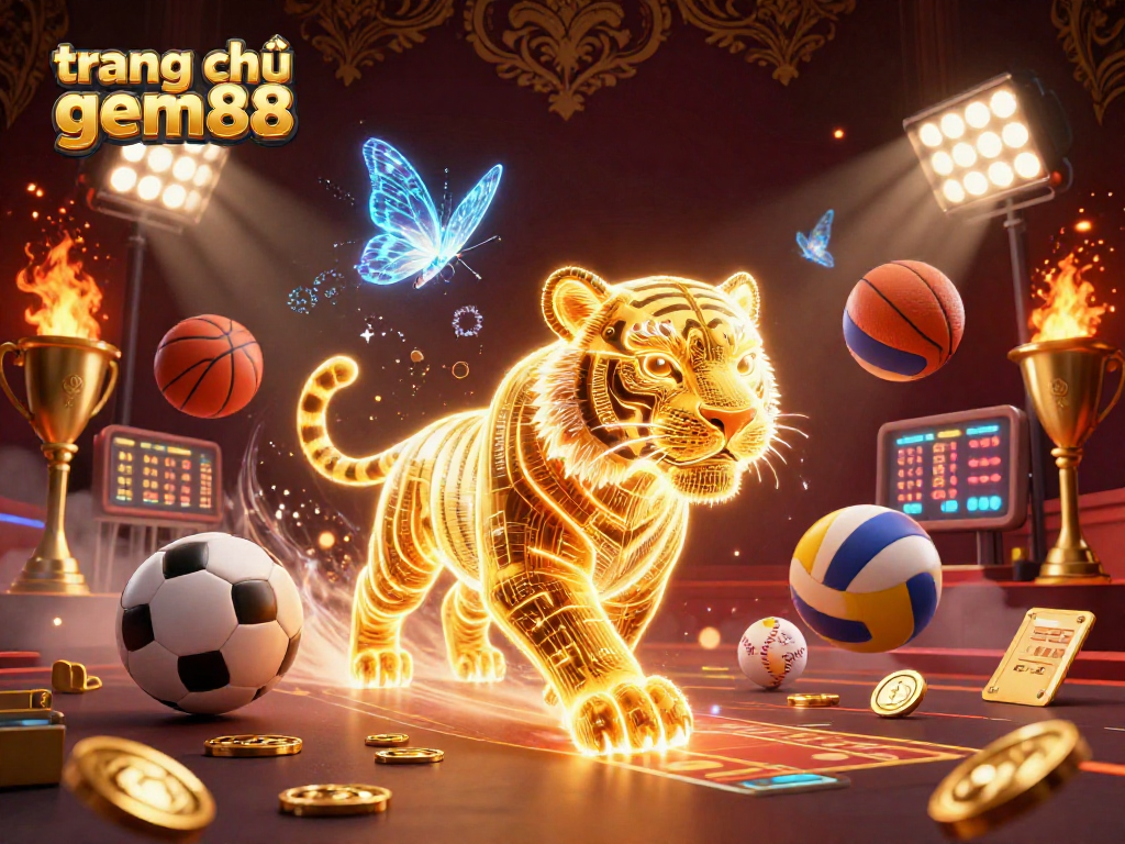 Experience the vibrant world of trang chủ gem88 illustrated by a neon-wireframe tiger amidst sports betting action.
