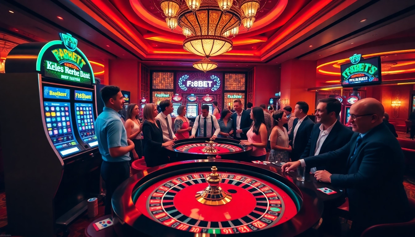 Excited players enjoying a thrilling game atmosphere at F8BET COM's vibrant casino.