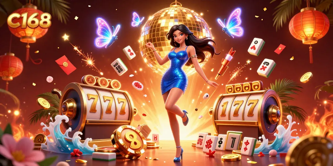 Experience exciting wins with c168 in a vibrant casino scene filled with slot games and festive elements.