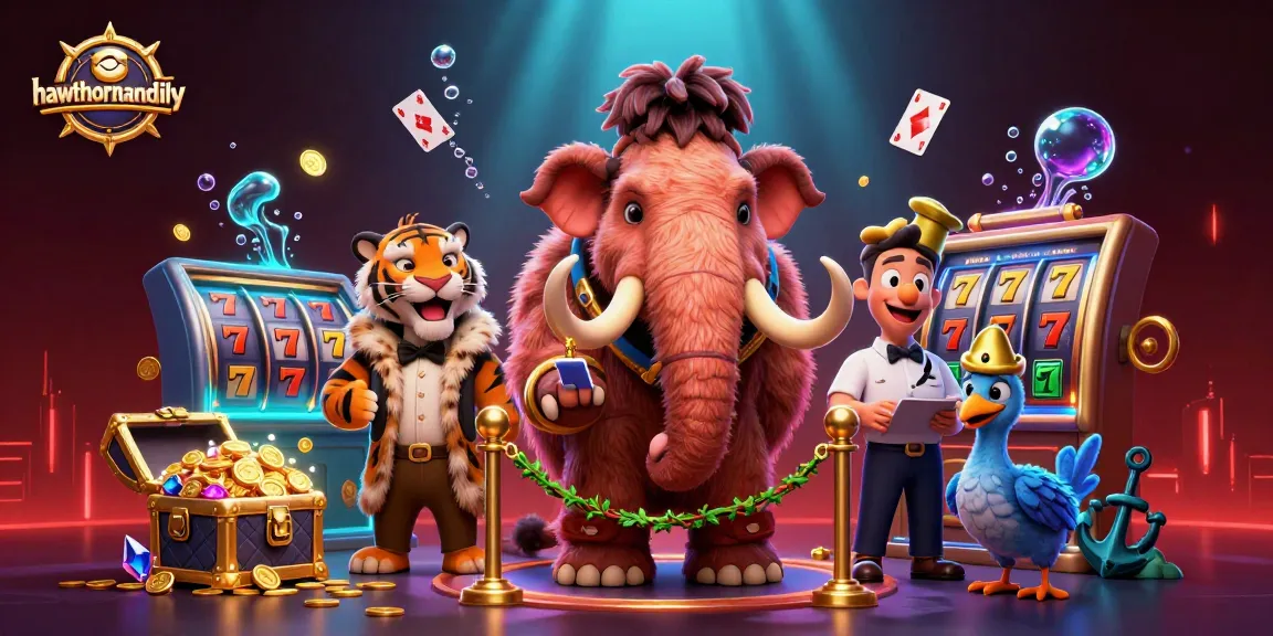 Play slot games with hawthornandlily characters winning big at a lively casino scene.
