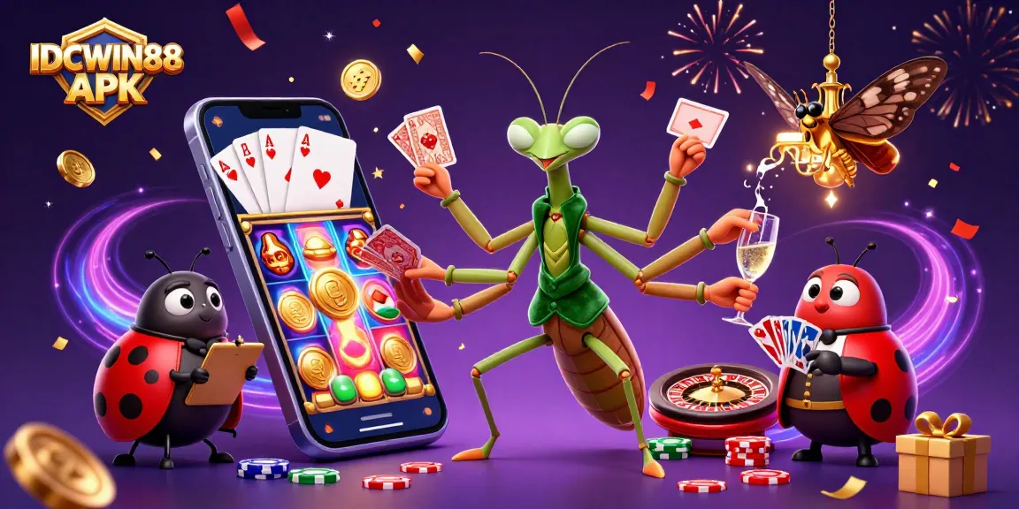 Experience thrilling wins with IDCWIN88 APK as the mantis deals cards and chips in this vibrant casino scene.