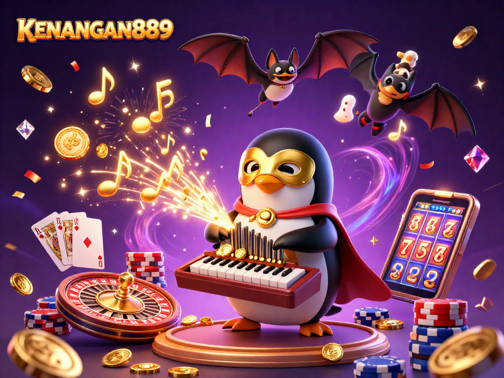 Experience KENANGAN889 with a vibrant 3D casino scene featuring a golden cinematic penguin and dynamic game elements.