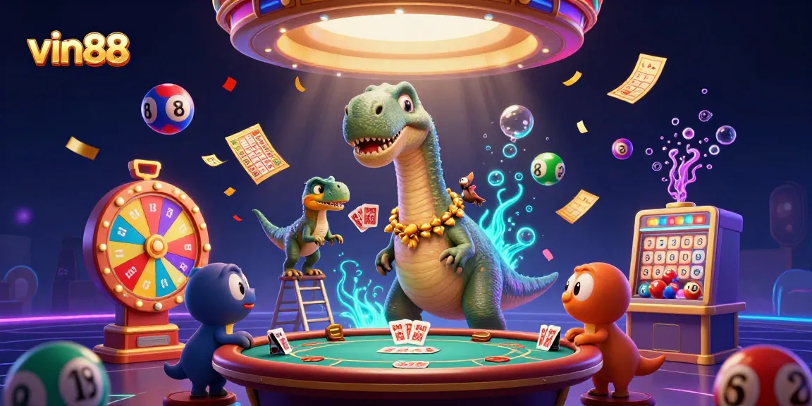 Win big on vin88 with colorful lottery elements in a vibrant 3D casino scene.